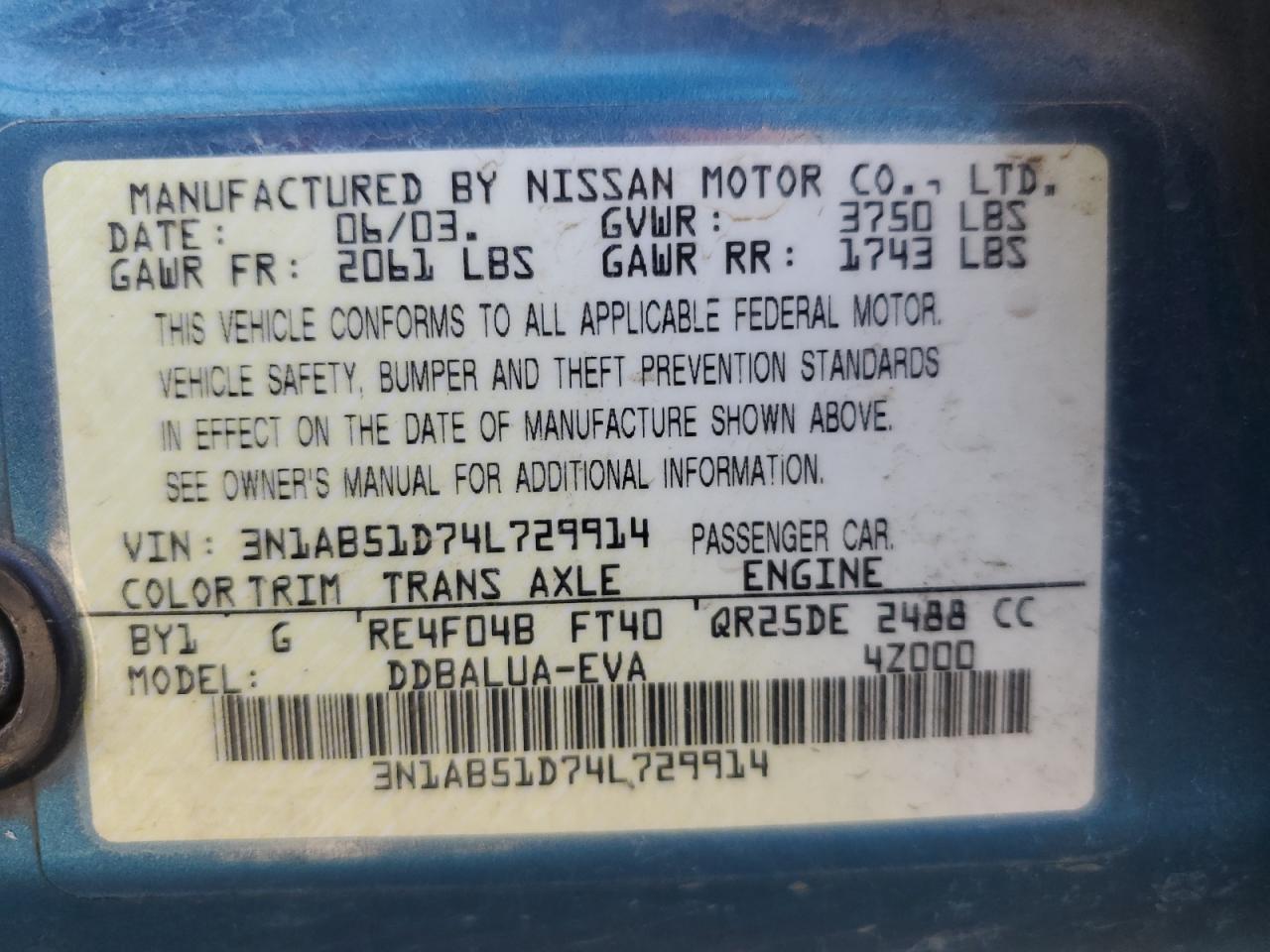 2004 Nissan Sentra Se-R Spec V VIN: 3N1AB51D74L729914 Lot: 54523965