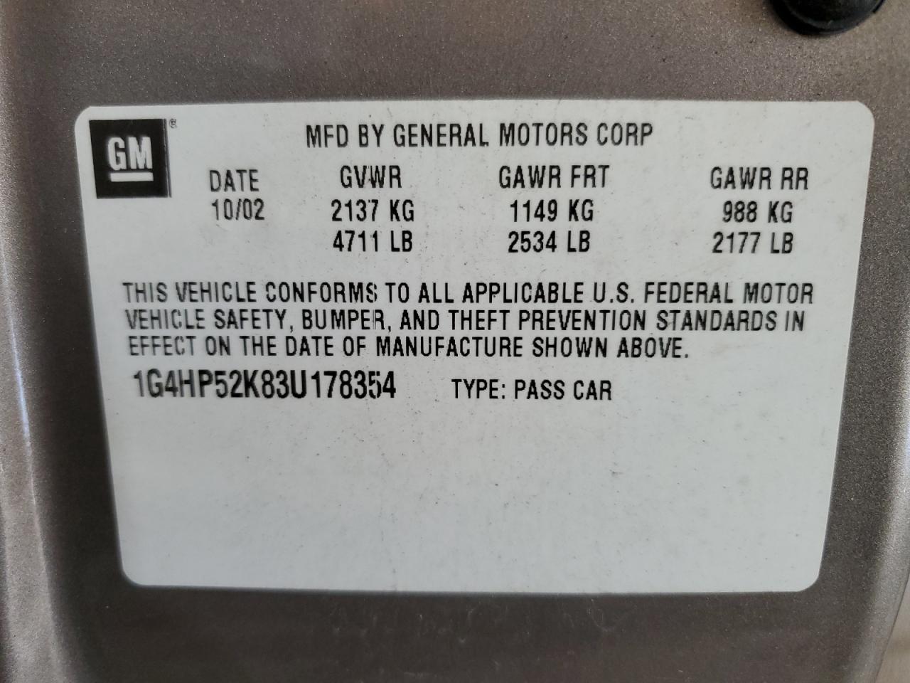 2003 Buick Lesabre Custom VIN: 1G4HP52K83U178354 Lot: 53713545