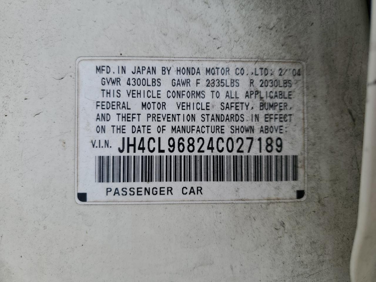 2004 Acura Tsx VIN: JH4CL96824C027189 Lot: 54215165