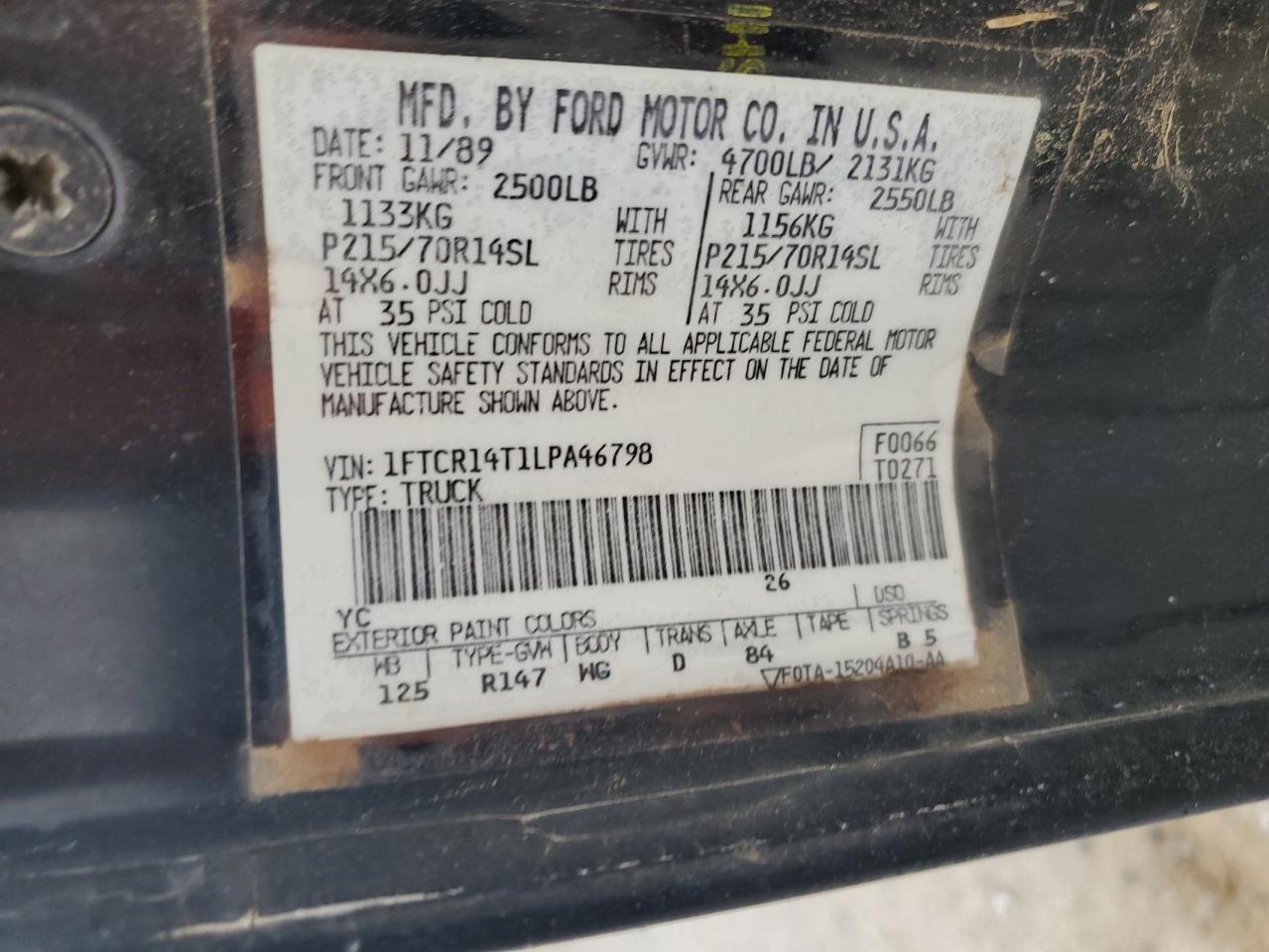 1990 Ford Ranger Super Cab VIN: 1FTCR14T1LPA46798 Lot: 81488785