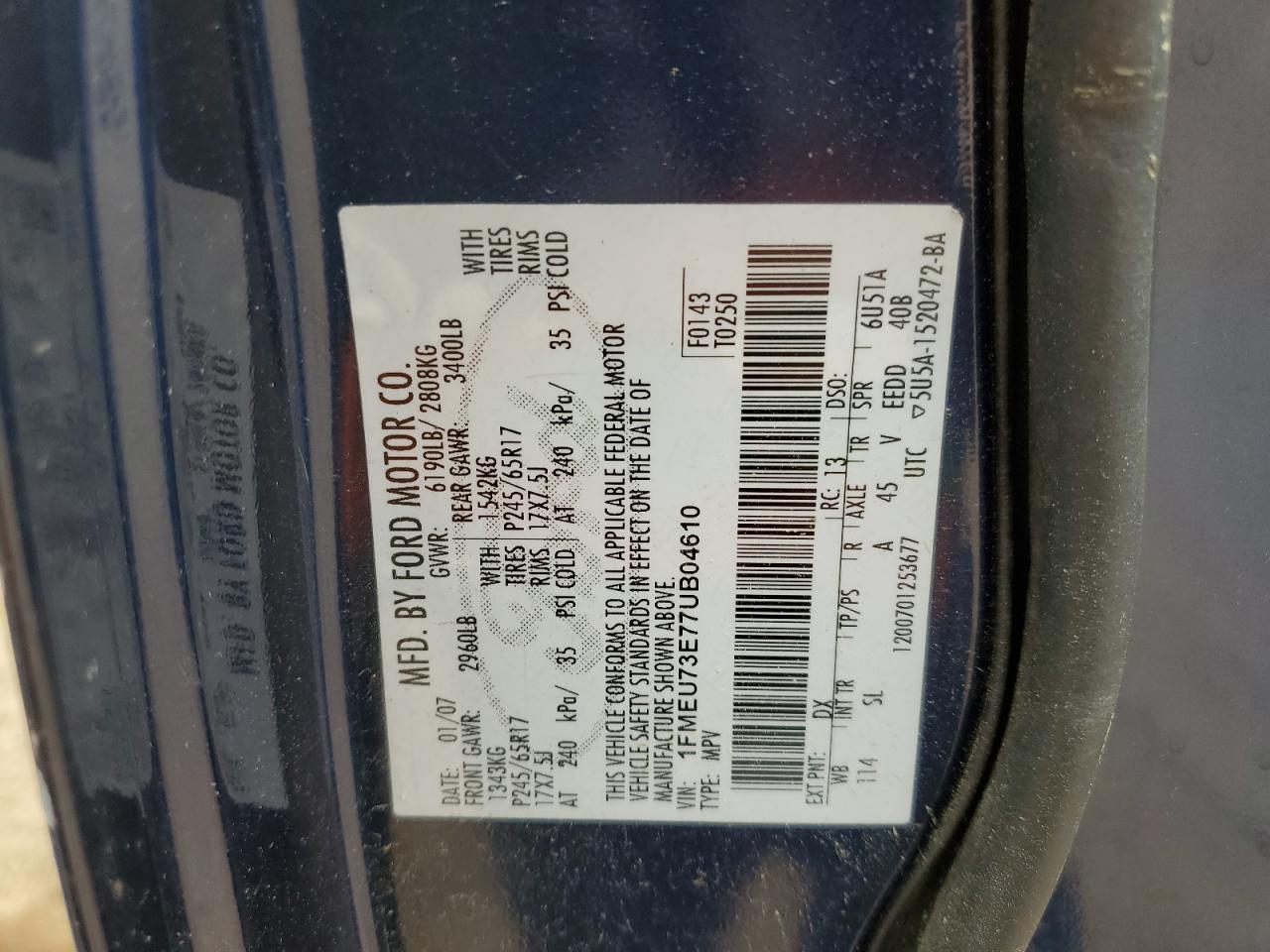 2007 Ford Explorer Xlt VIN: 1FMEU73E77UB04610 Lot: 51685955