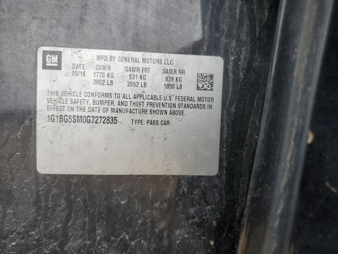 1G1BG5SM0G7272835 CHEVROLET CRUZE 2016