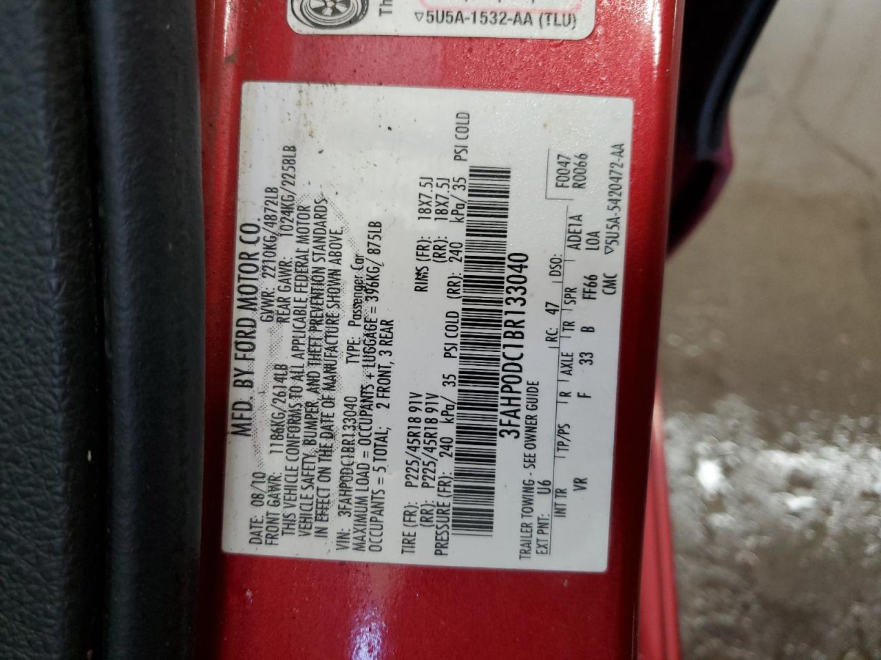 3FAHP0DC1BR133040 2011 Ford Fusion Sport