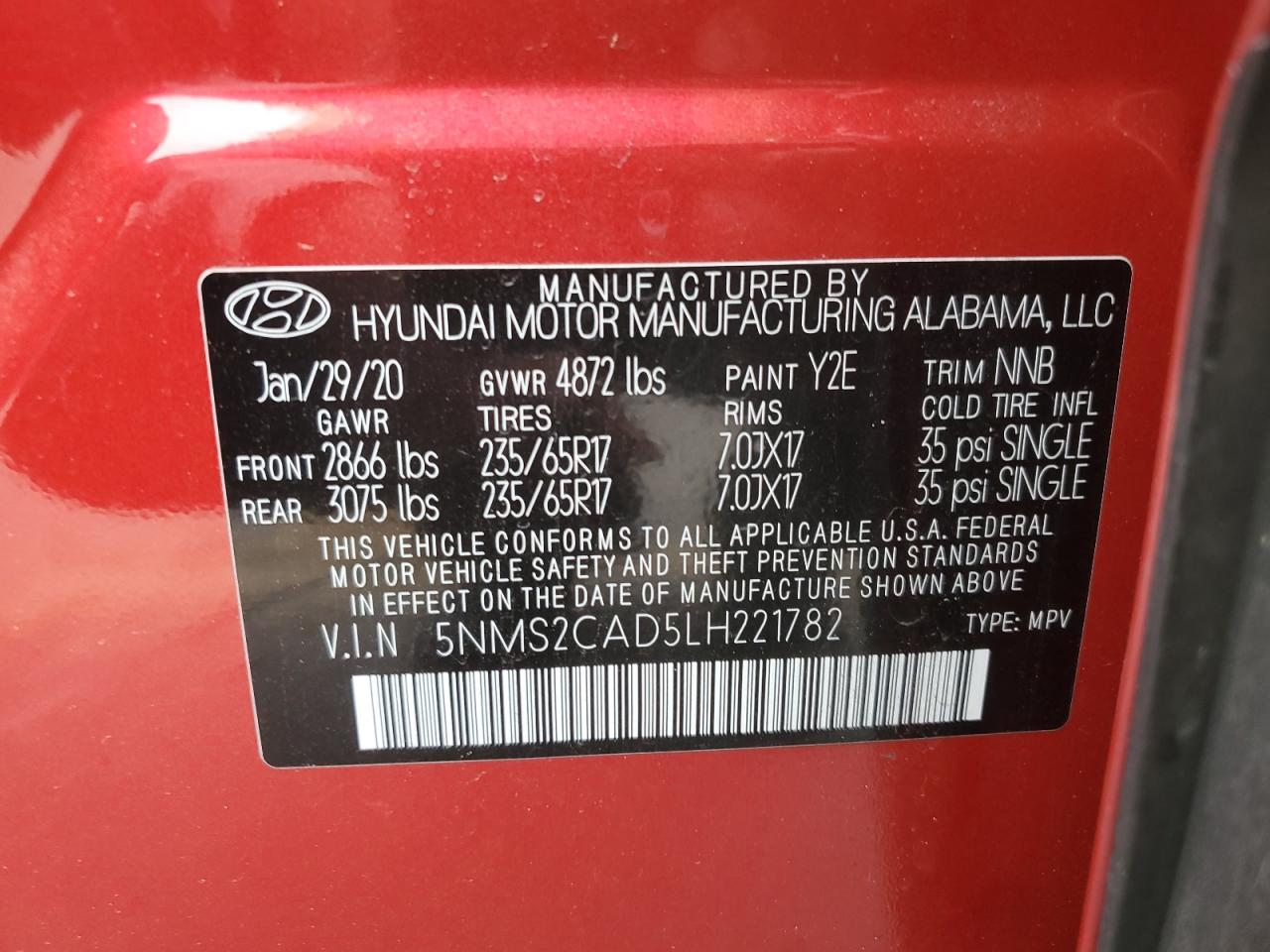 2020 Hyundai Santa Fe Se VIN: 5NMS2CAD5LH221782 Lot: 53748725