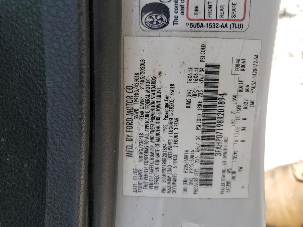 2008 Ford Fusion Se VIN: 3FAHP07198R201894 Lot: 54156905