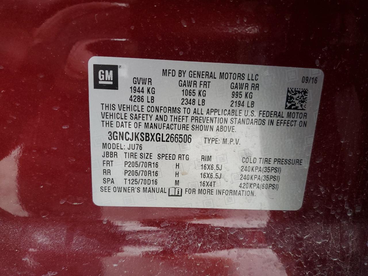 2016 Chevrolet Trax Ls VIN: 3GNCJKSBXGL266506 Lot: 54834835