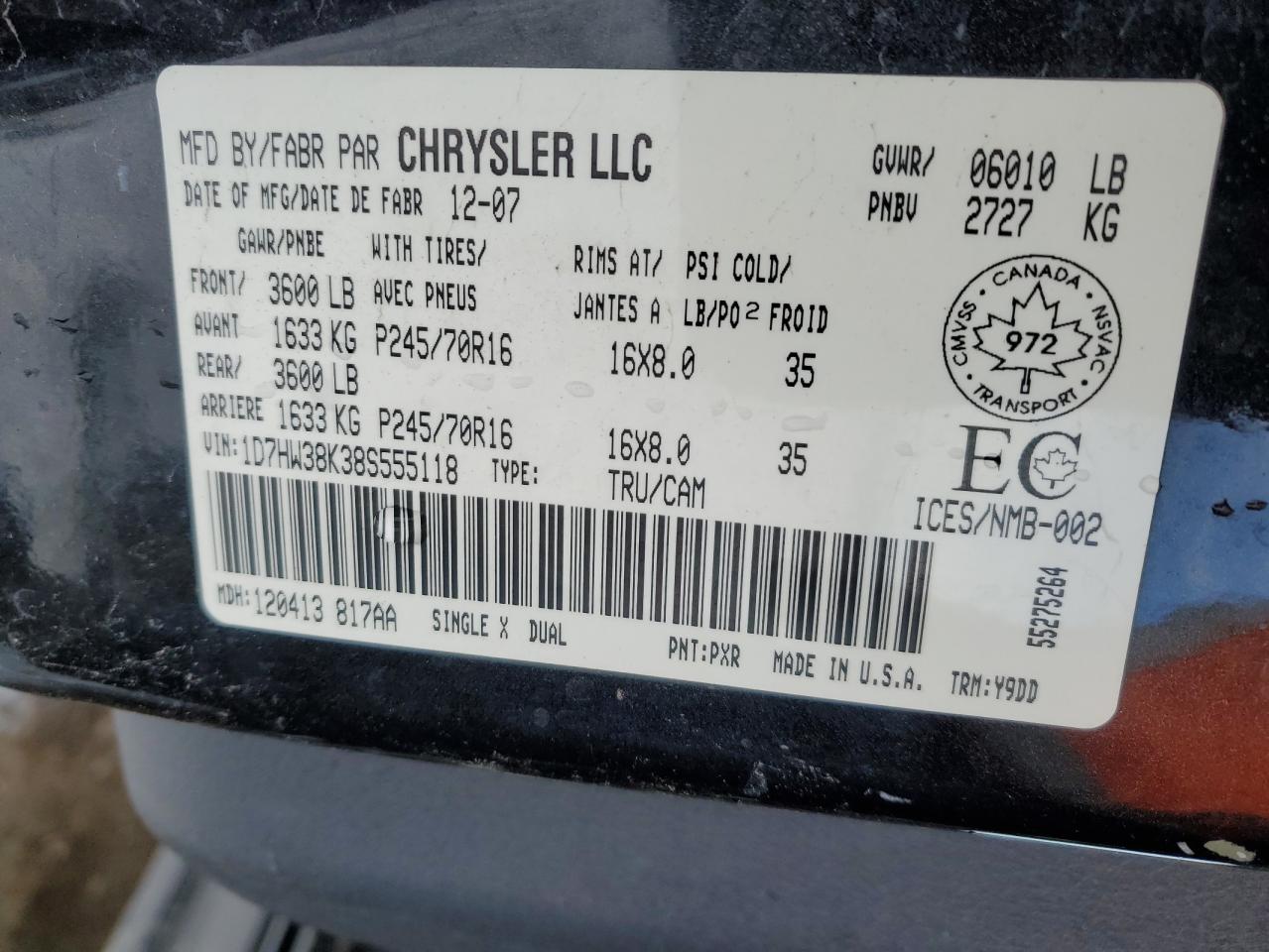 2008 Dodge Dakota Sxt VIN: 1D7HW38K38S555118 Lot: 51614025