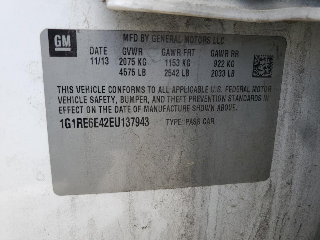 2014 Chevrolet Volt VIN: 1G1RE6E42EU137943 Lot: 54907855