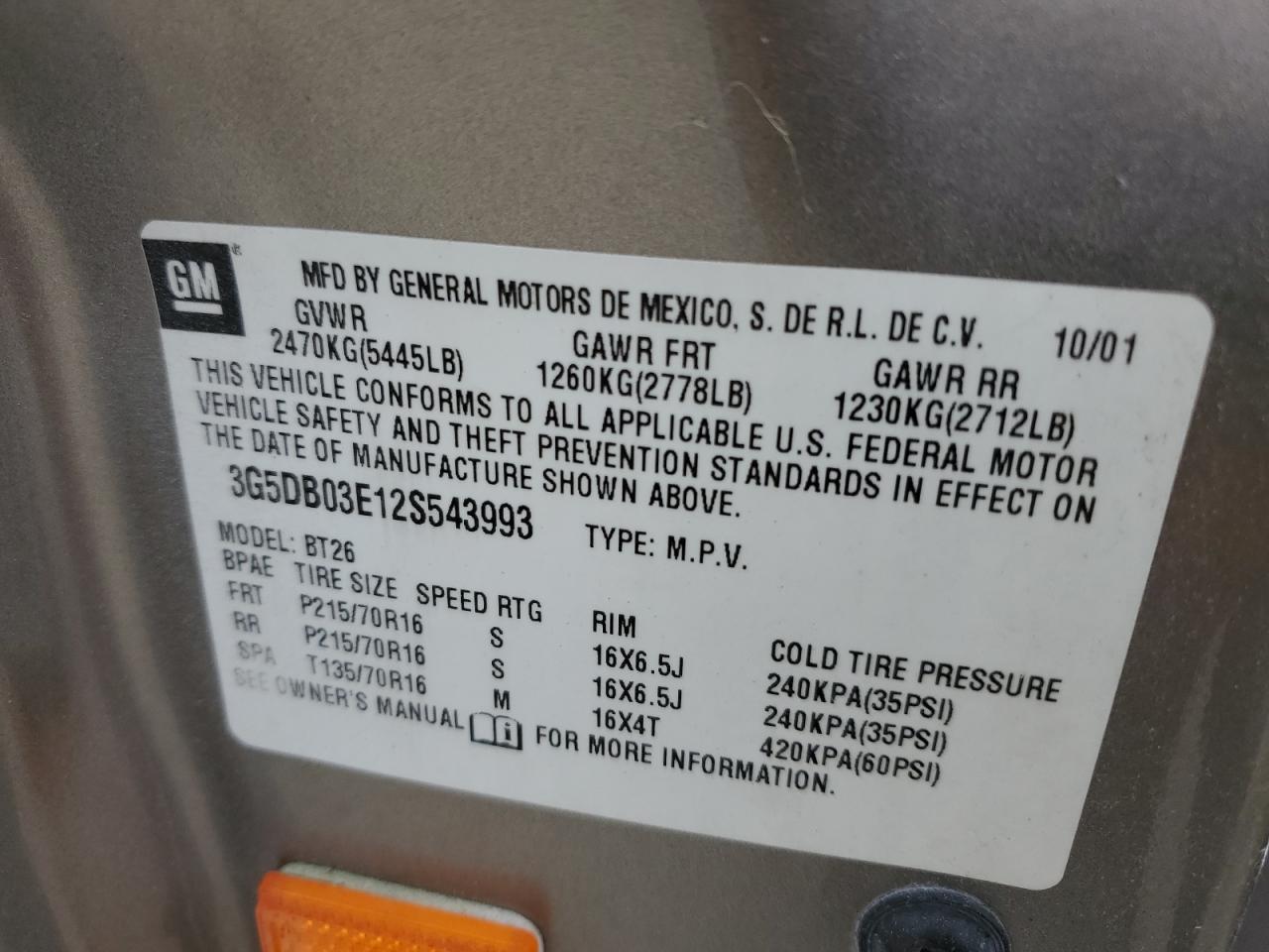 2002 Buick Rendezvous Cx VIN: 3G5DB03E12S543993 Lot: 53567945