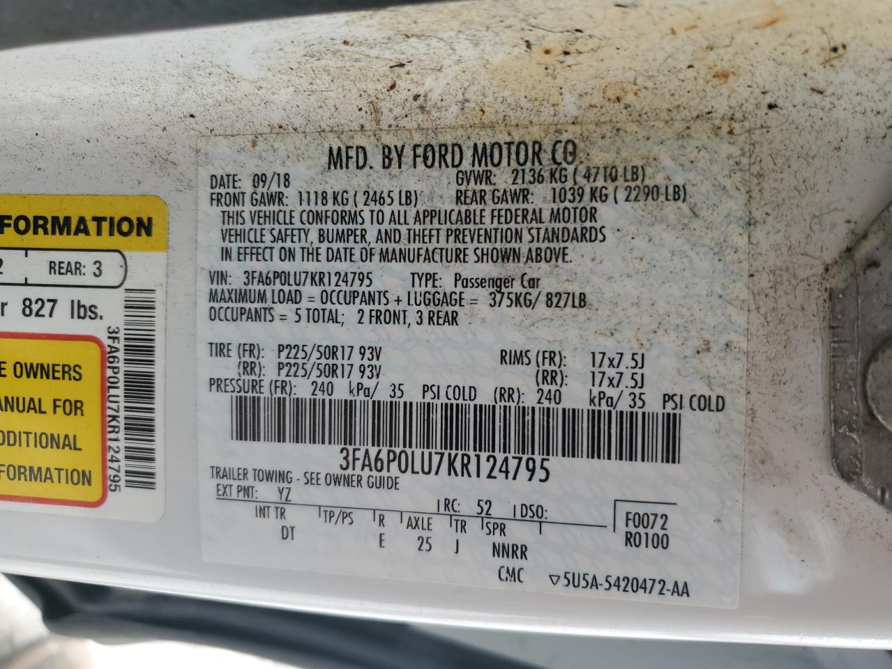 2019 Ford Fusion Se VIN: 3FA6P0LU7KR124795 Lot: 54030275