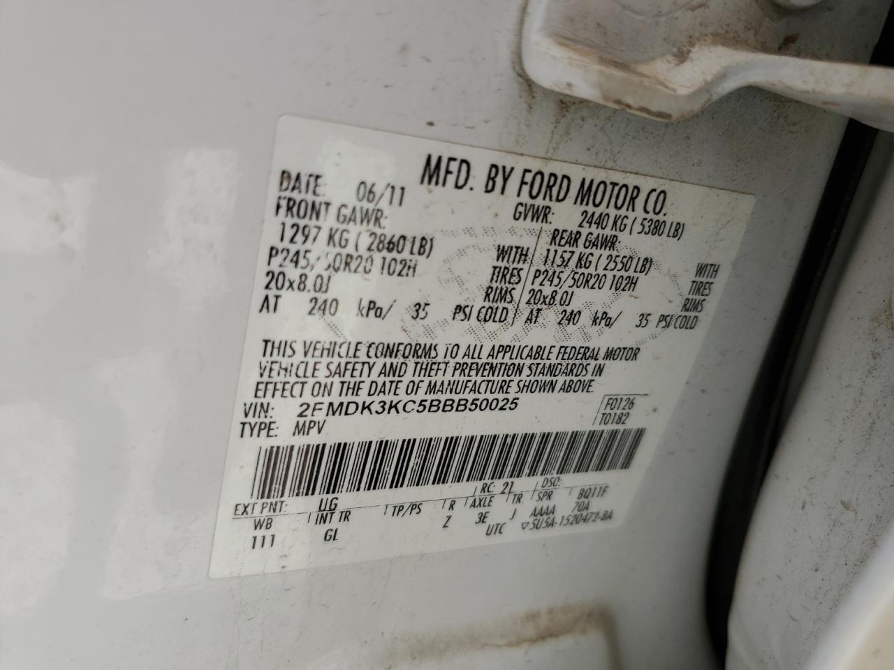 2011 Ford Edge Limited VIN: 2FMDK3KC5BBB50025 Lot: 55066565