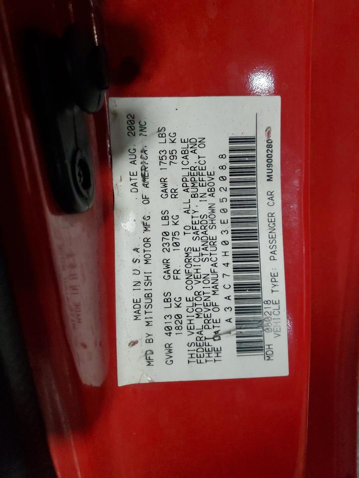 2003 Mitsubishi Eclipse Gts VIN: 4A3AC74H03E052088 Lot: 54222685