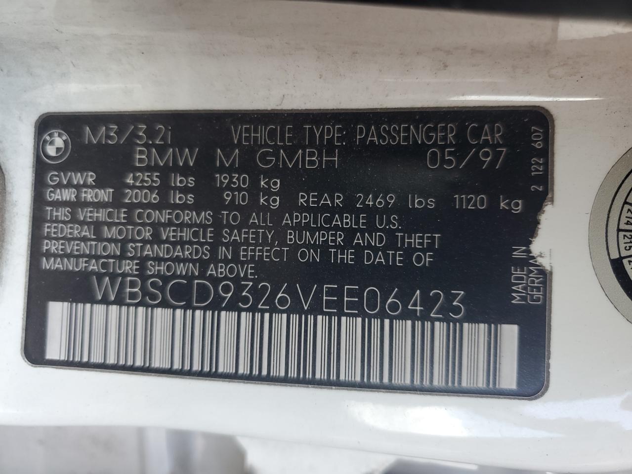 1997 BMW M3 VIN: WBSCD9326VEE06423 Lot: 54953975