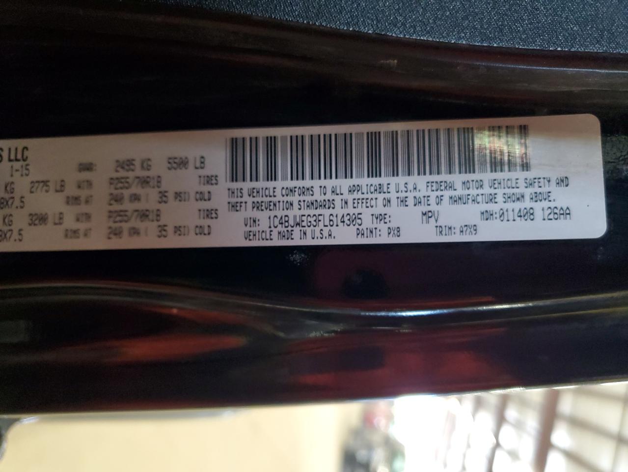 2015 Jeep Wranger VIN: 614305 Lot: 53685545