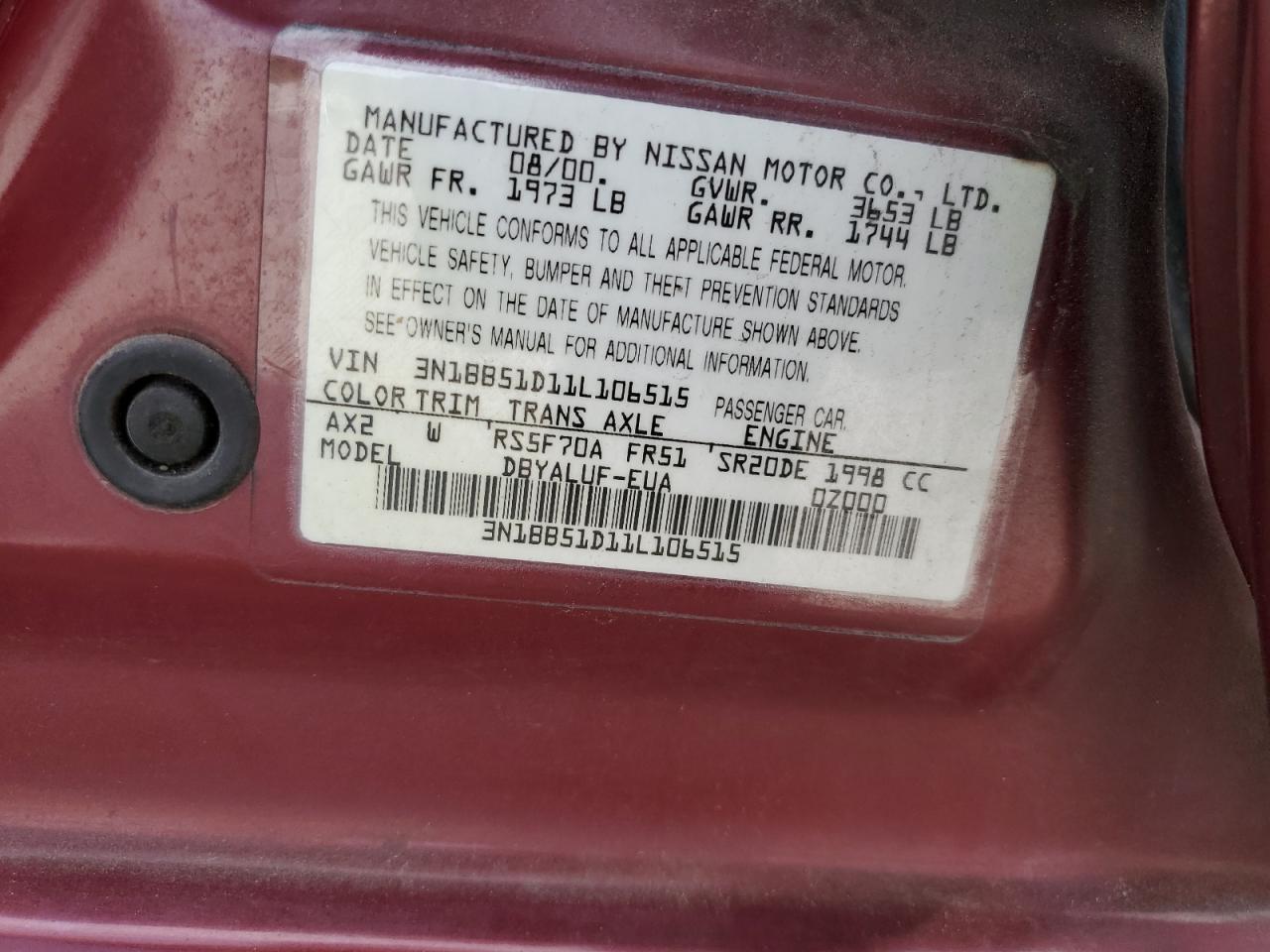 2001 Nissan Sentra Se VIN: 3N1BB51D11L106515 Lot: 53947855