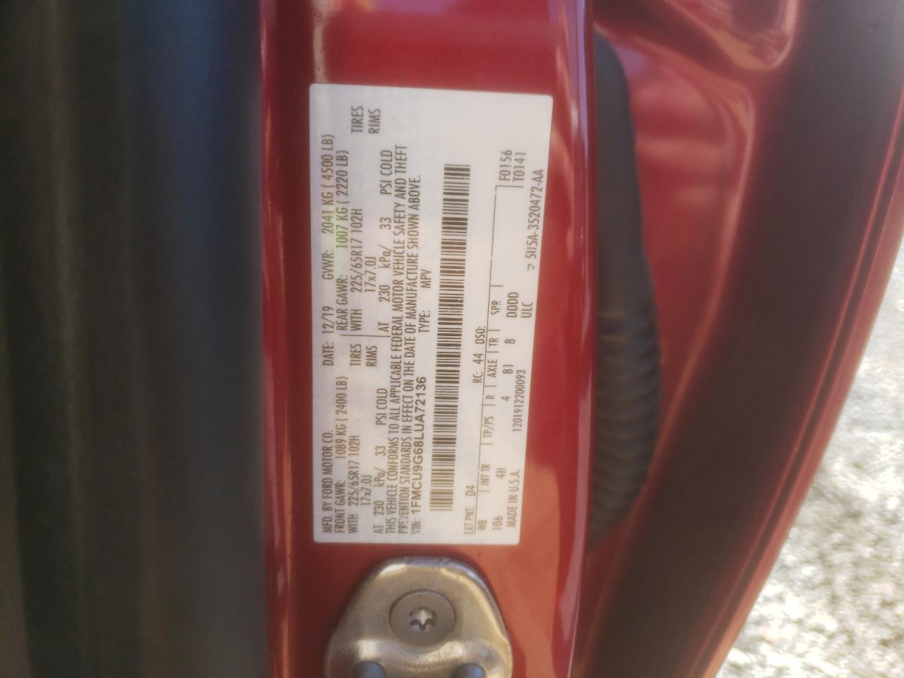2020 Ford Escape Se VIN: 1FMCU9G68LUA72136 Lot: 54758265
