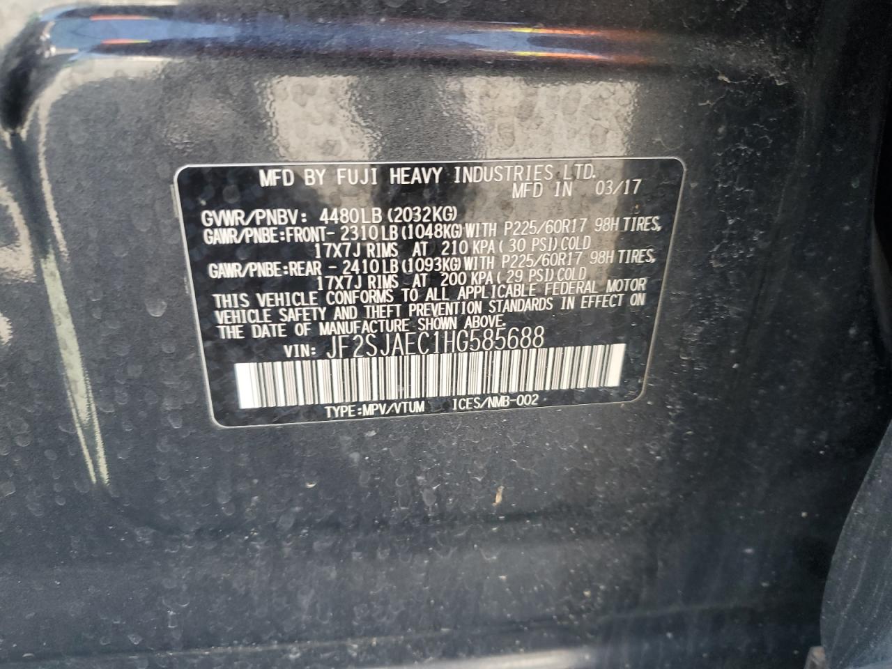 2017 Subaru Forester 2.5I Premium VIN: JF2SJAEC1HG585688 Lot: 51526085