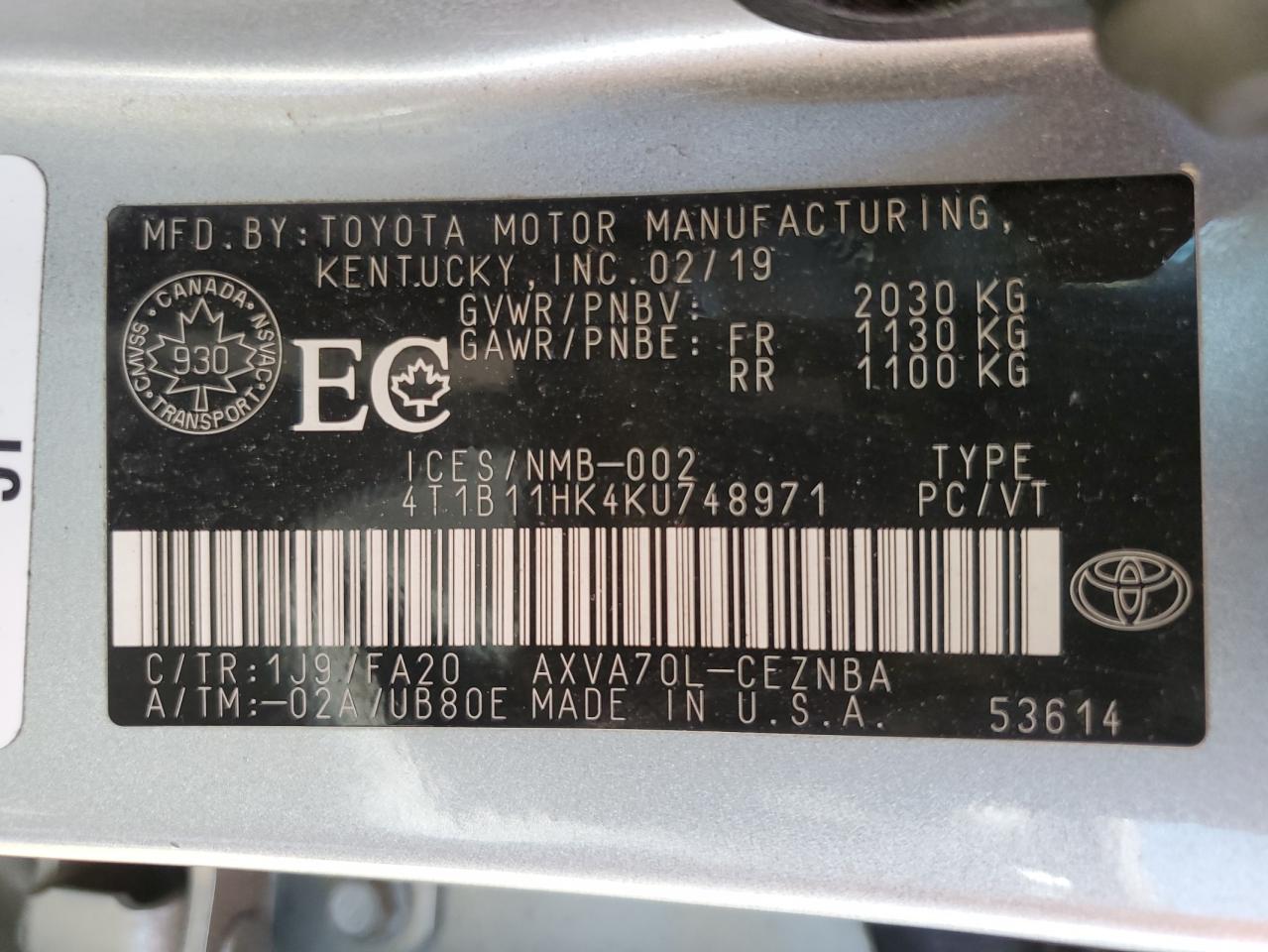 4T1B11HK4KU748971 TOYOTA CAMRY 2019
