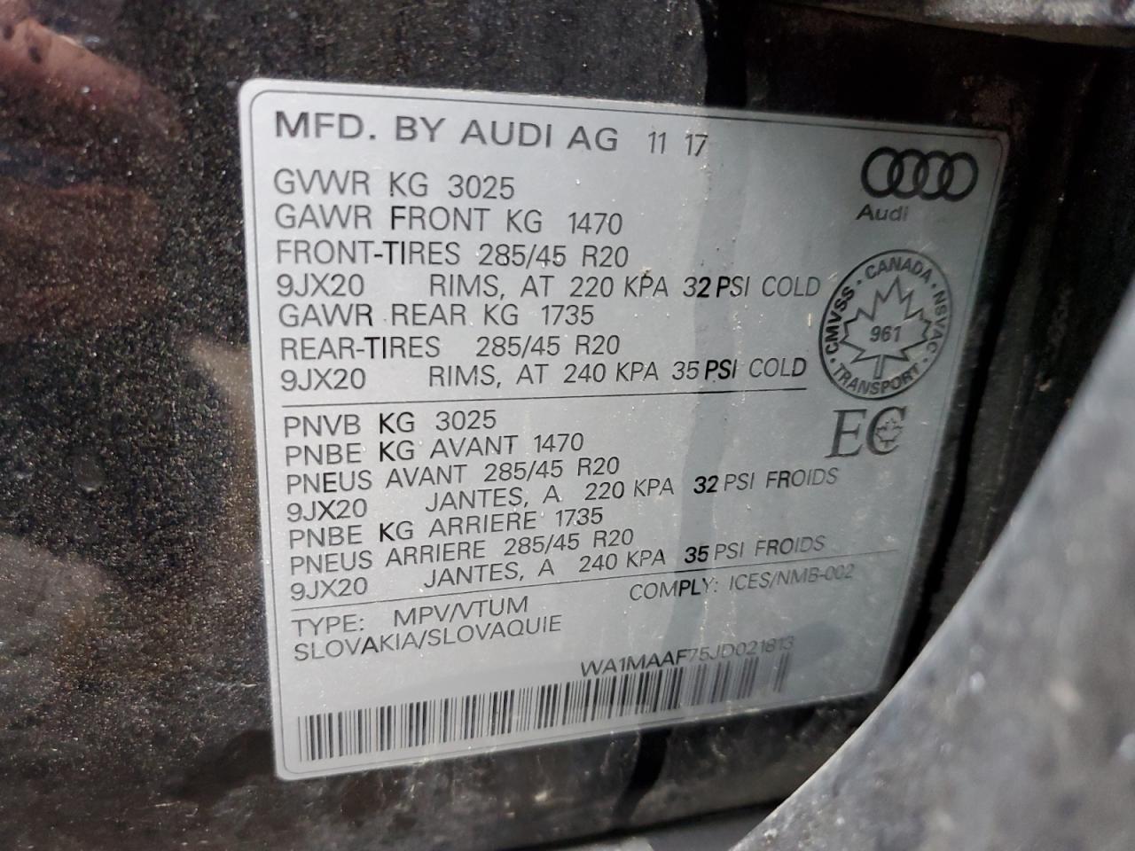 2018 Audi Q7 Progressiv S-Line VIN: WA1MAAF75JD021813 Lot: 50298395