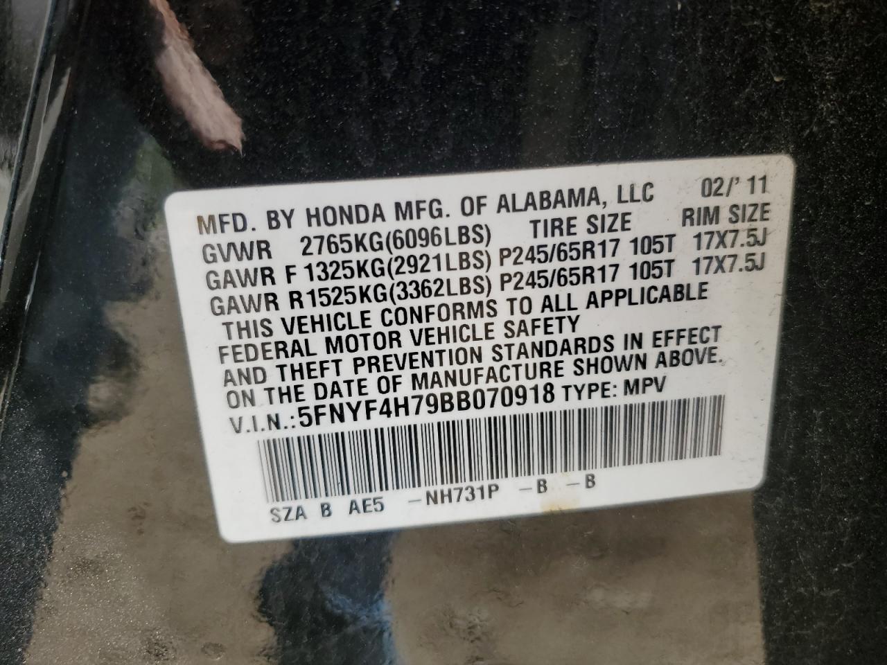 2011 Honda Pilot Exln VIN: 5FNYF4H79BB070918 Lot: 54126375
