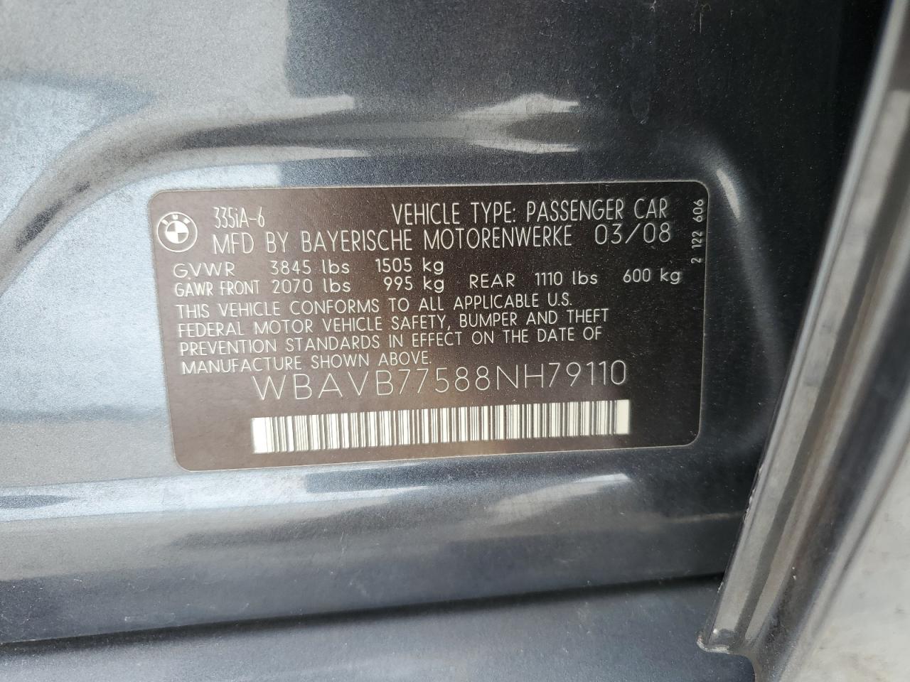 2008 BMW 335 I VIN: WBAVB77588NH79110 Lot: 52767815