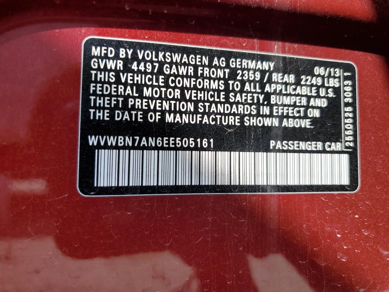 2014 Volkswagen Cc Sport VIN: WVWBN7AN6EE505161 Lot: 53515615