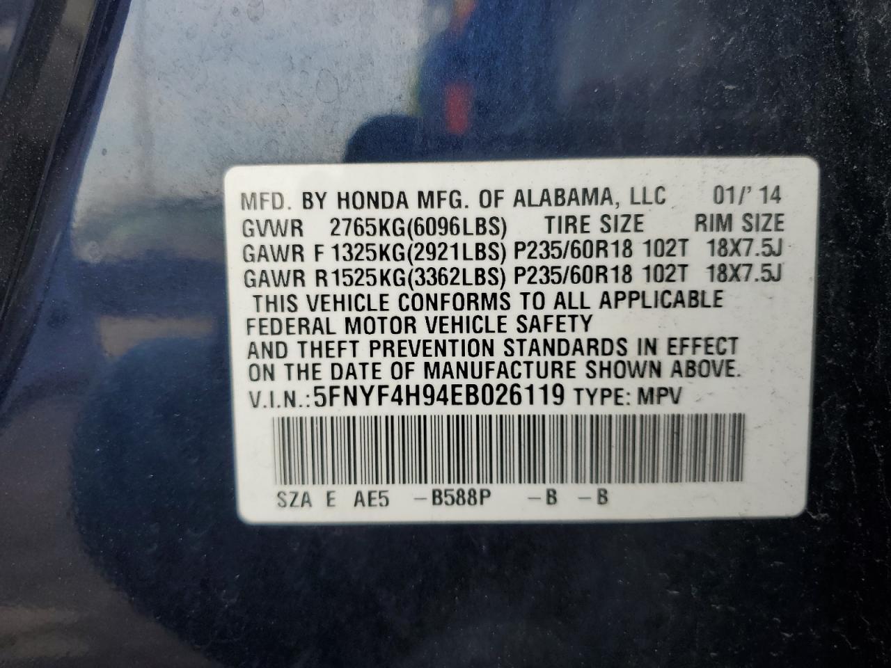 2014 Honda Pilot Touring VIN: 5FNYF4H94EB02611X Lot: 48986225