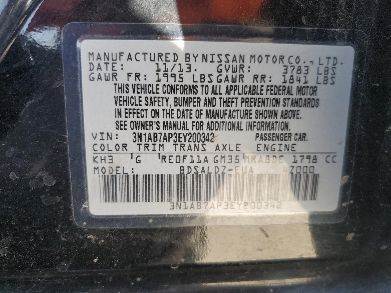 2014 Nissan Sentra S VIN: 3N1AB7AP3EY200342 Lot: 54455875