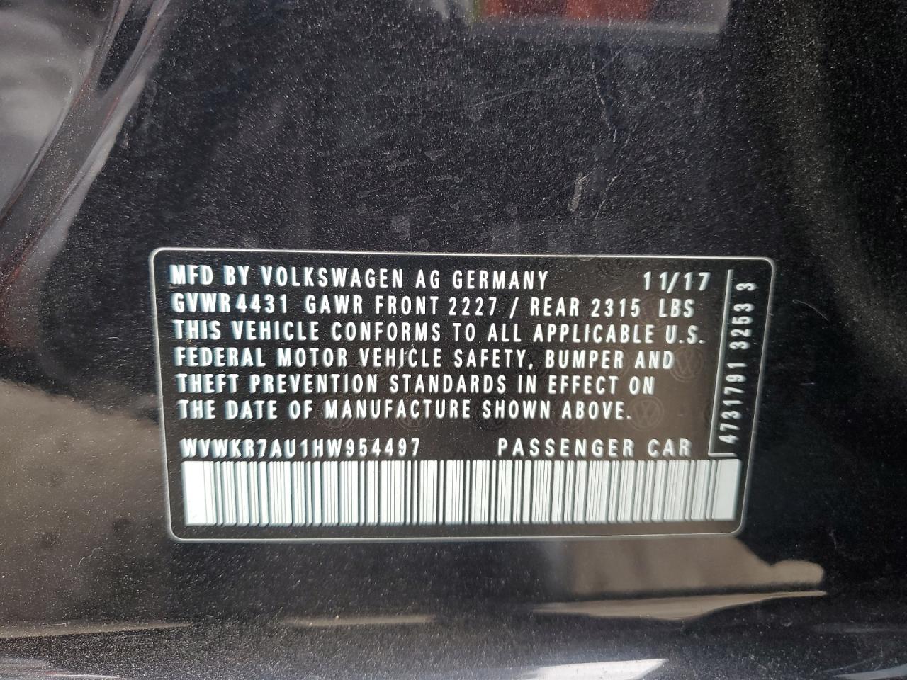 2017 Volkswagen E-Golf Se VIN: WVWKR7AU1HW954497 Lot: 54186735