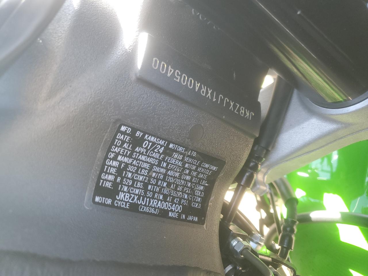 2024 Kawasaki Zx636 K VIN: JKBZXJJ1XRA005400 Lot: 51630445