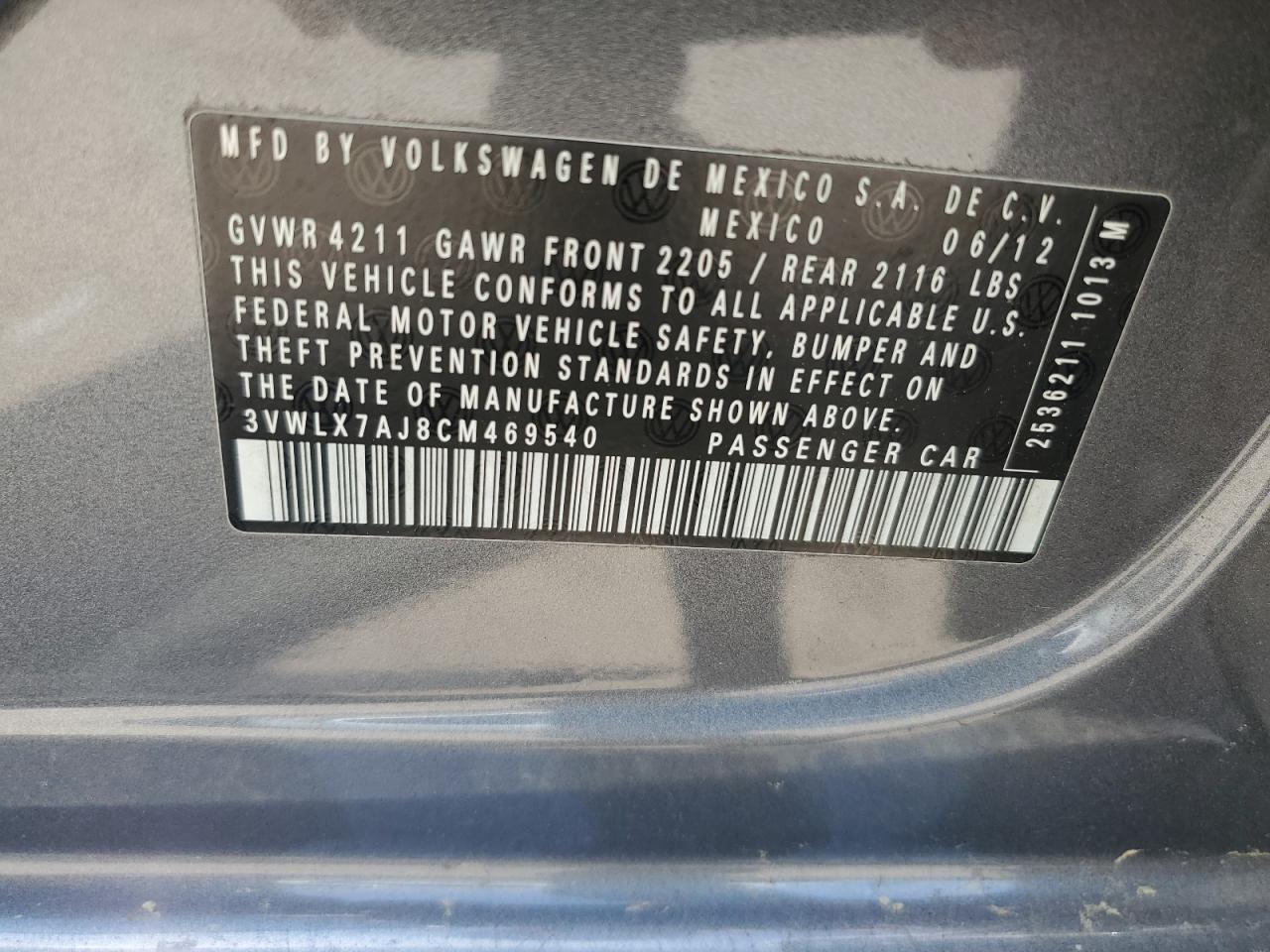 2012 Volkswagen Jetta Sel VIN: 3VWLX7AJ8CM469540 Lot: 54594645