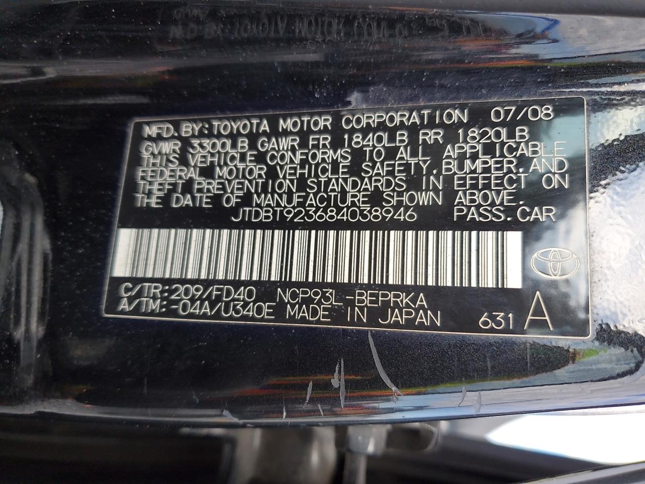 2008 Toyota Yaris VIN: JTDBT923684038946 Lot: 53046915