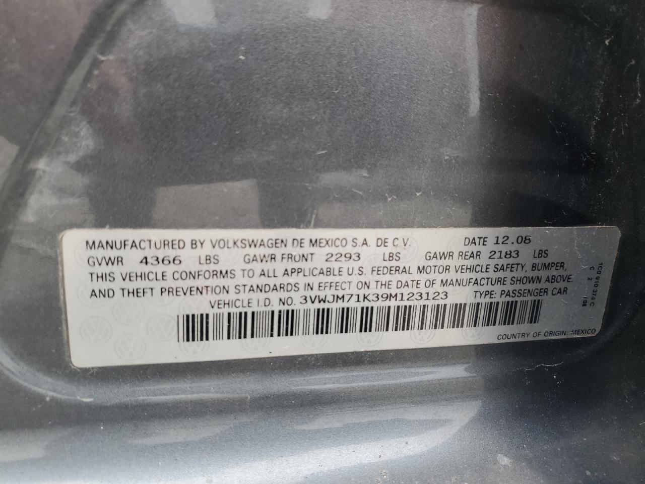 2009 Volkswagen Jetta S VIN: 3VWJM71K39M123123 Lot: 53991155