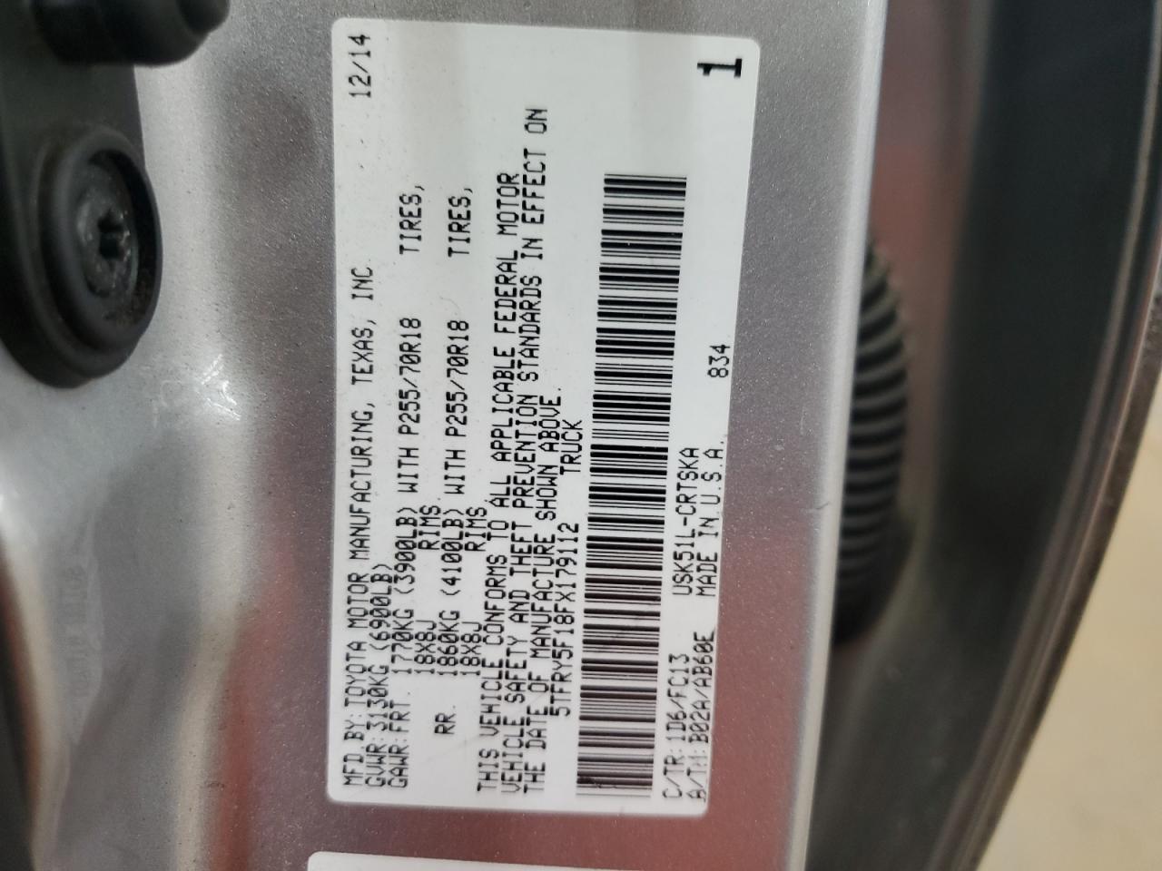2015 Toyota Tundra Double Cab Sr VIN: 5TFRY5F18FX179112 Lot: 55255755