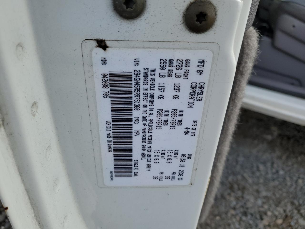 1994 Dodge Caravan Se VIN: 2B4GH45R5RR751360 Lot: 51345135