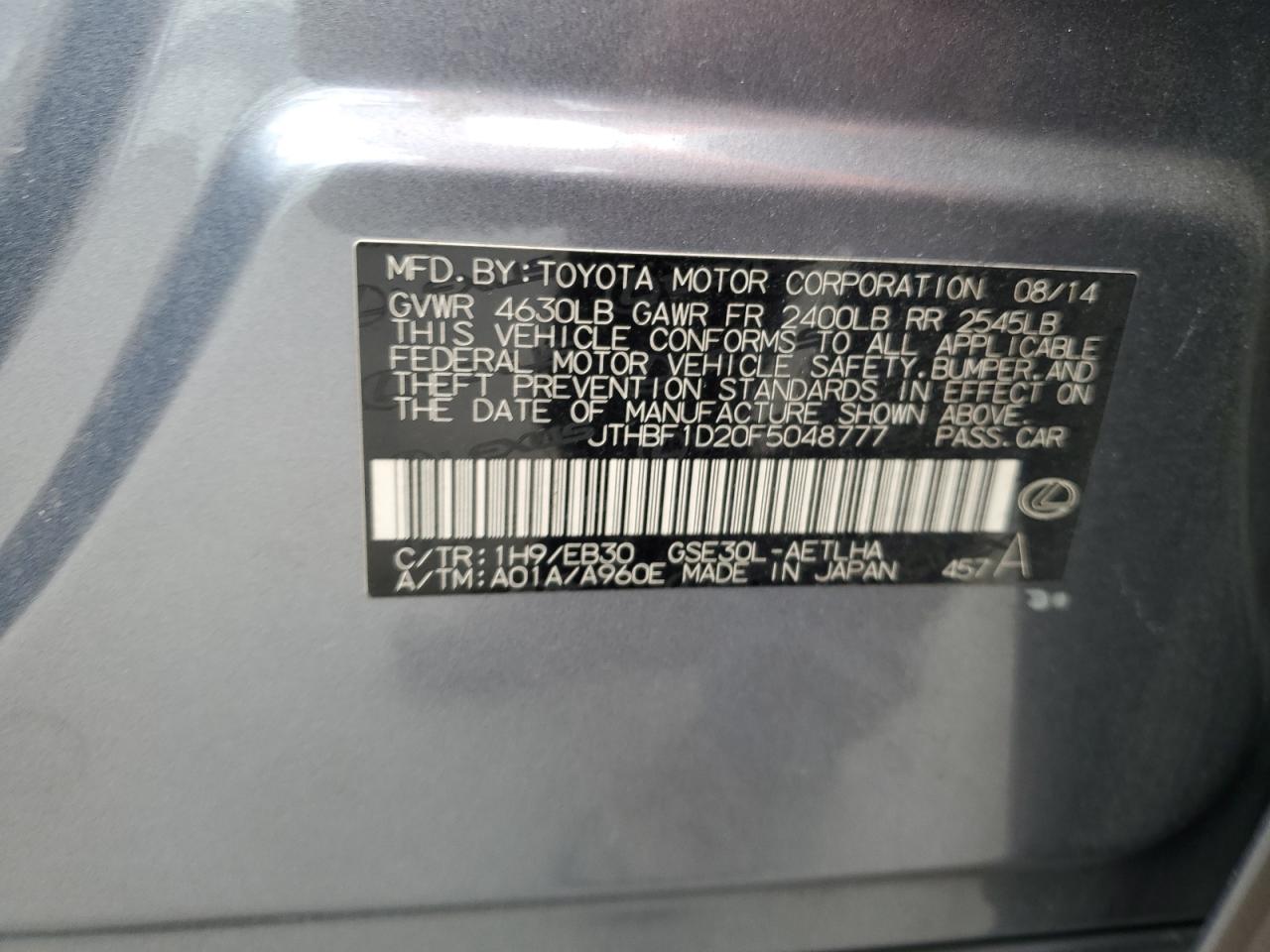 2015 Lexus Is 250 VIN: JTHBF1D20F5048777 Lot: 53999845