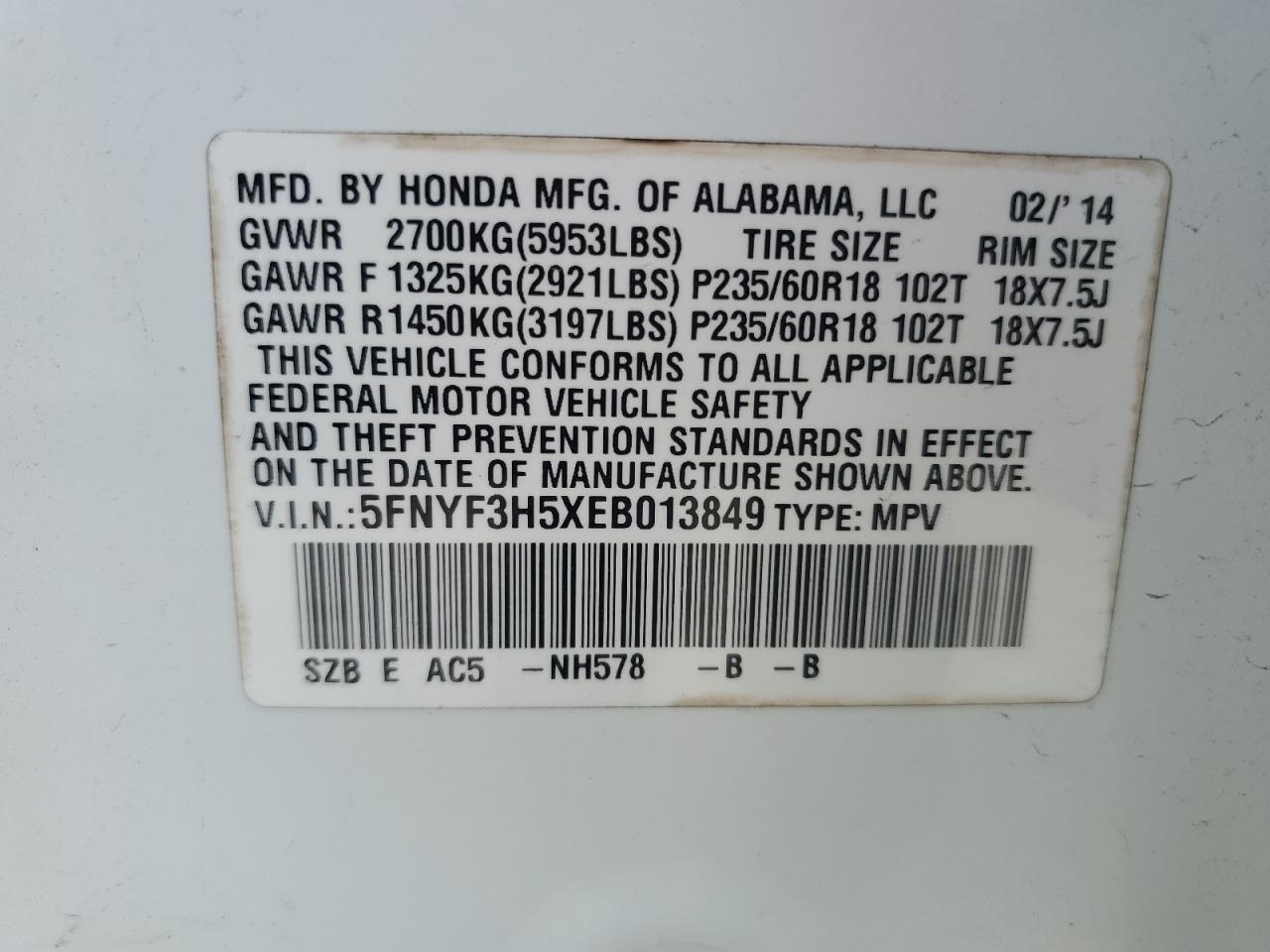 2014 Honda Pilot Exl VIN: 5FNYF3H5XEB013849 Lot: 69325505
