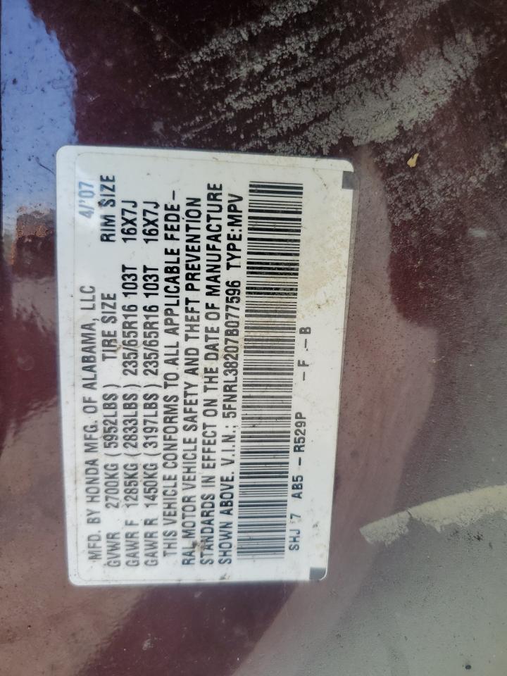 2007 Honda Odyssey Lx VIN: 5FNRL38207B077596 Lot: 54146135