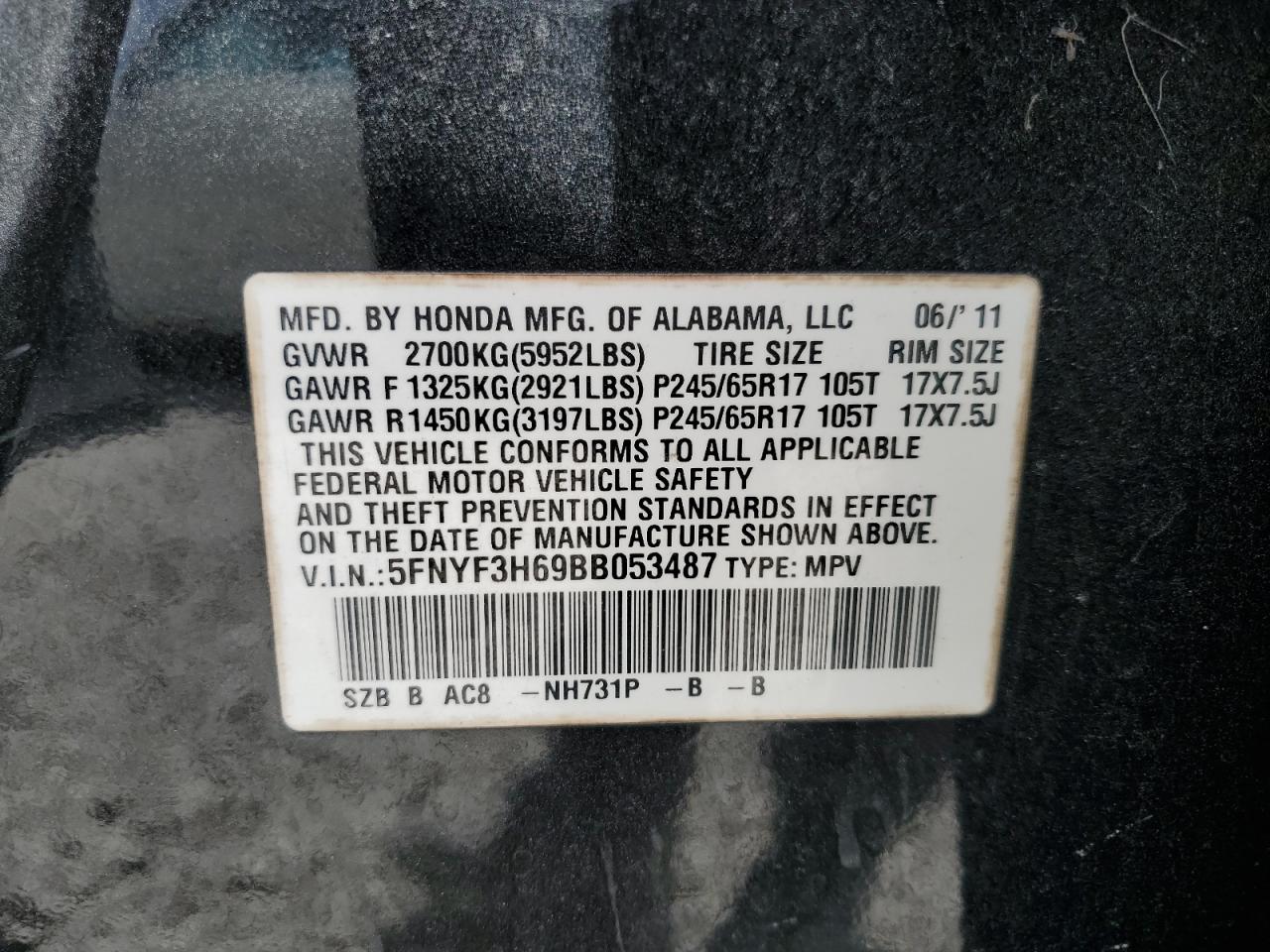 2011 Honda Pilot Exl VIN: 5FNYF3H69BB053487 Lot: 54867715