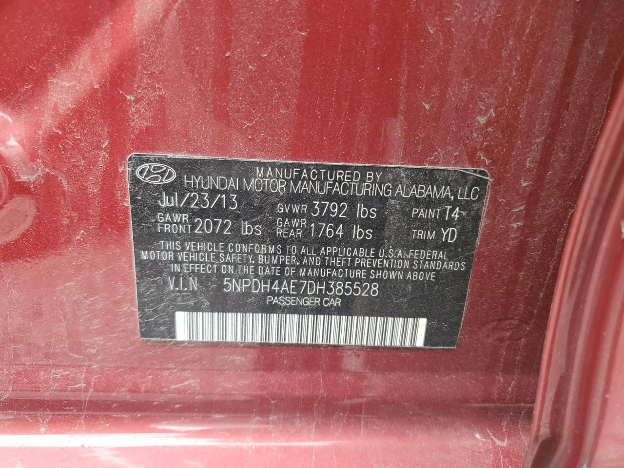 2013 Hyundai Elantra Gls VIN: 5NPDH4AE7DH385528 Lot: 54594795