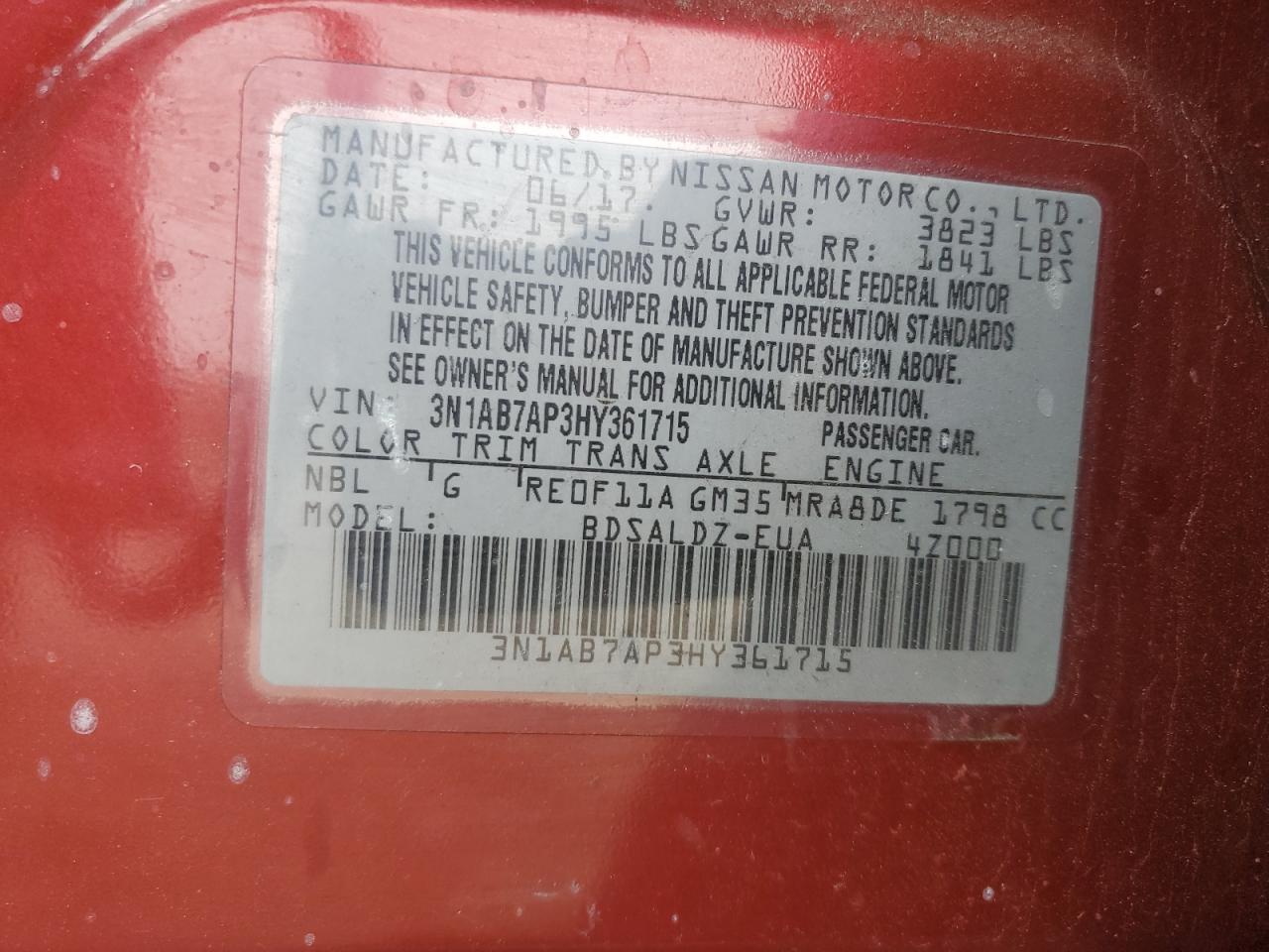 3N1AB7AP3HY361715 NISSAN SENTRA 2017