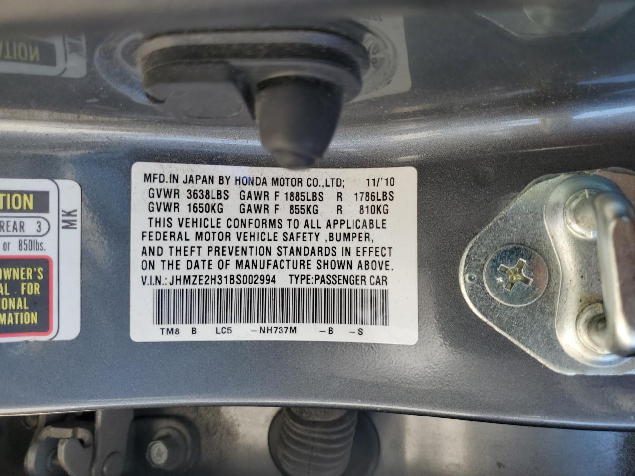 2011 Honda Insight VIN: JHMZE2H31BS002994 Lot: 54270535