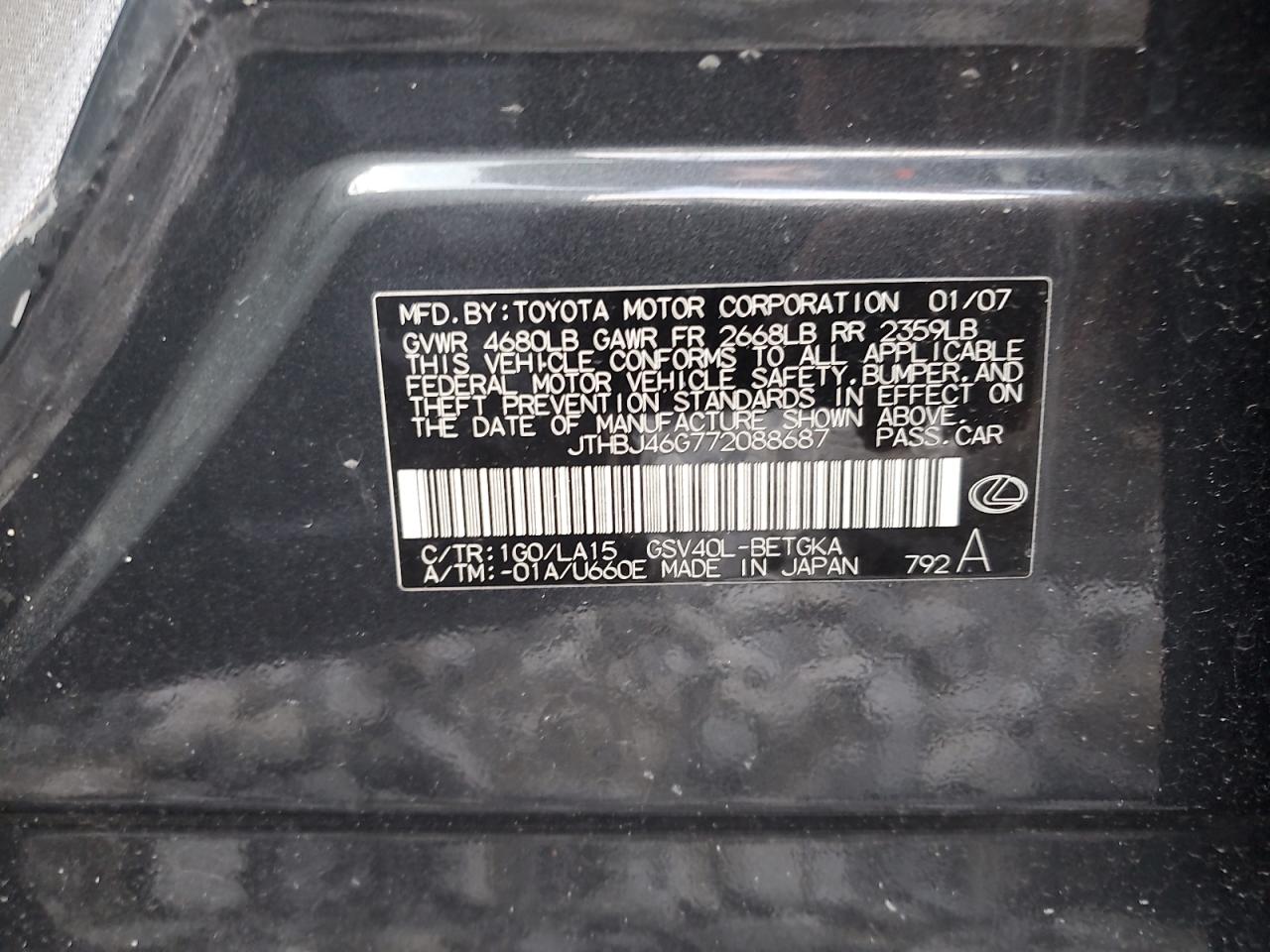 2007 Lexus Es 350 VIN: JTHBJ46G772088687 Lot: 54781635