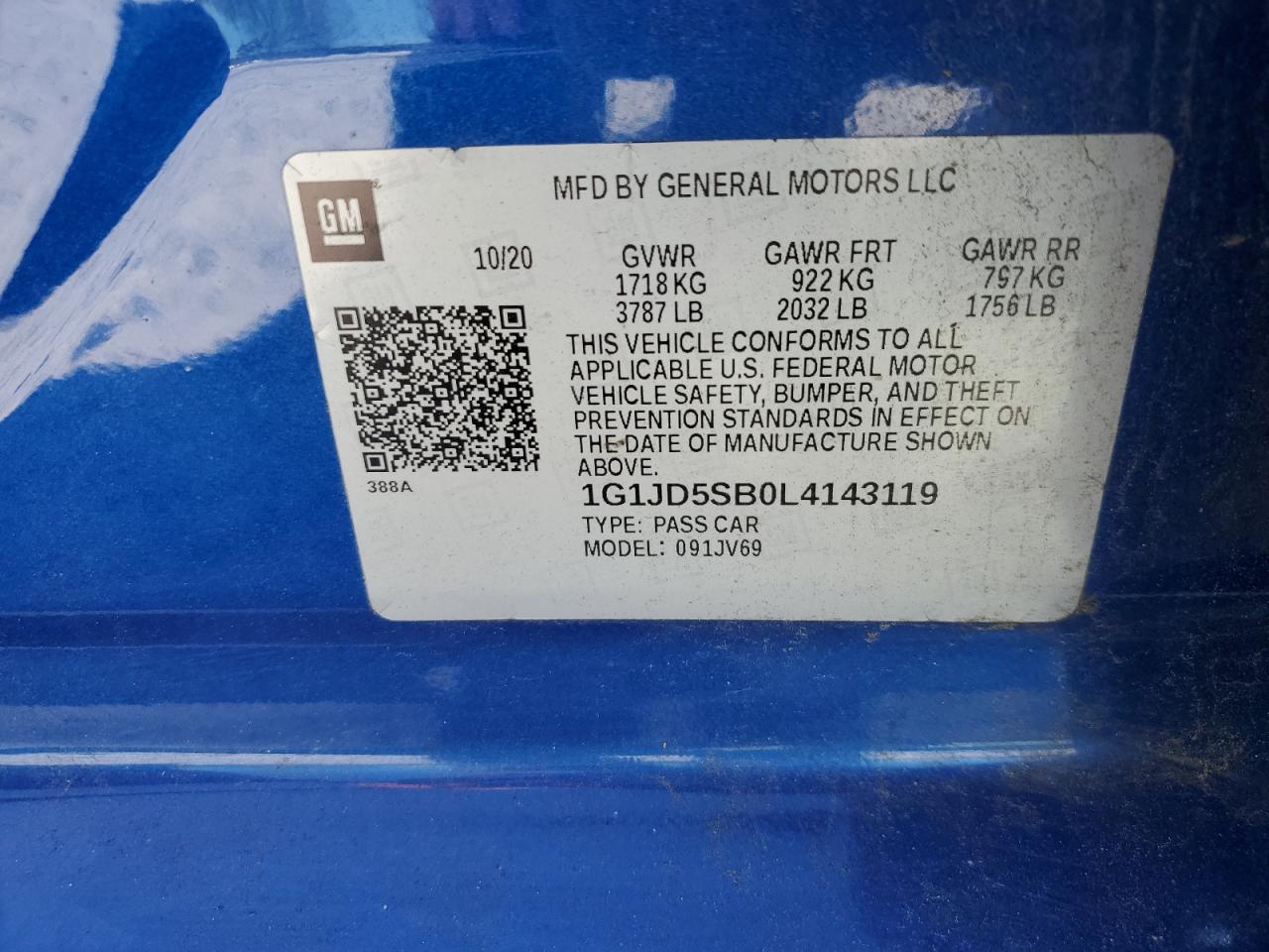 2020 Chevrolet Sonic Lt VIN: 1G1JD5SB0L4143119 Lot: 53456455
