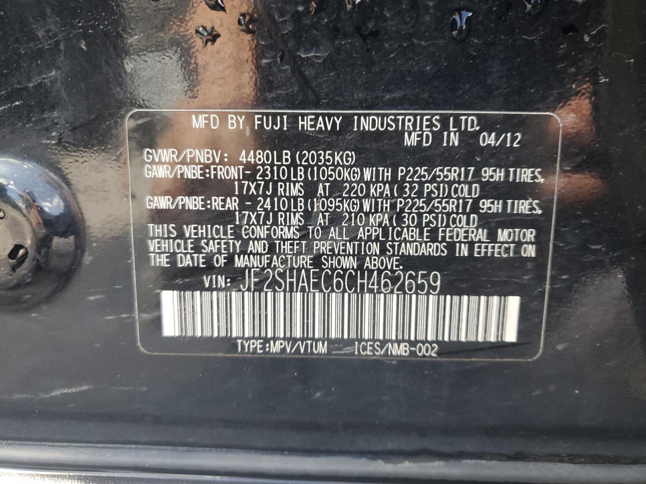 2012 Subaru Forester Limited VIN: JF2SHAEC6CH462659 Lot: 54925165