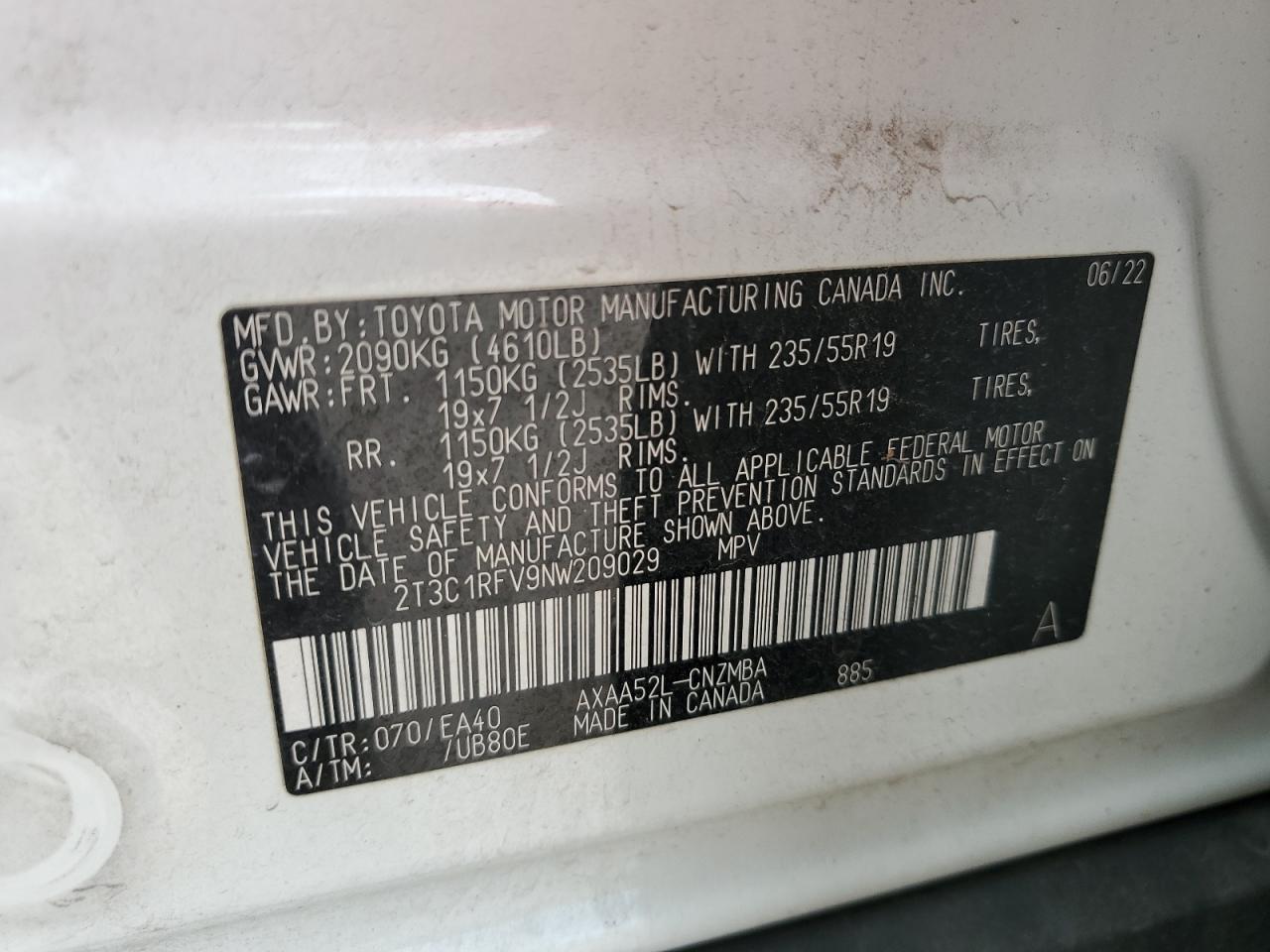2022 Toyota Rav4 Xle Premium VIN: 2T3C1RFV9NW209029 Lot: 55138555