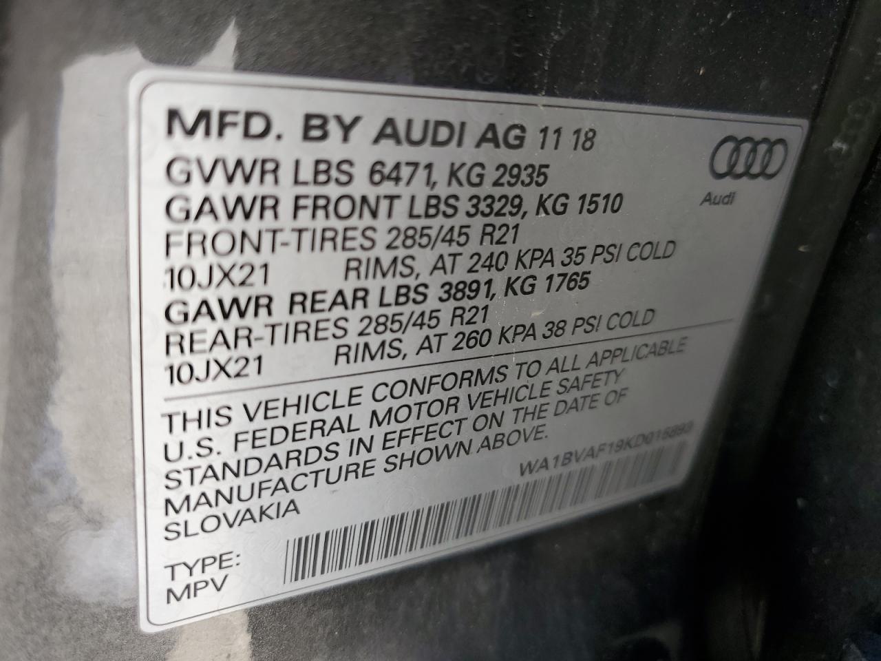 2019 Audi Q8 Premium Plus VIN: WA1BVAF19KD015893 Lot: 54151775