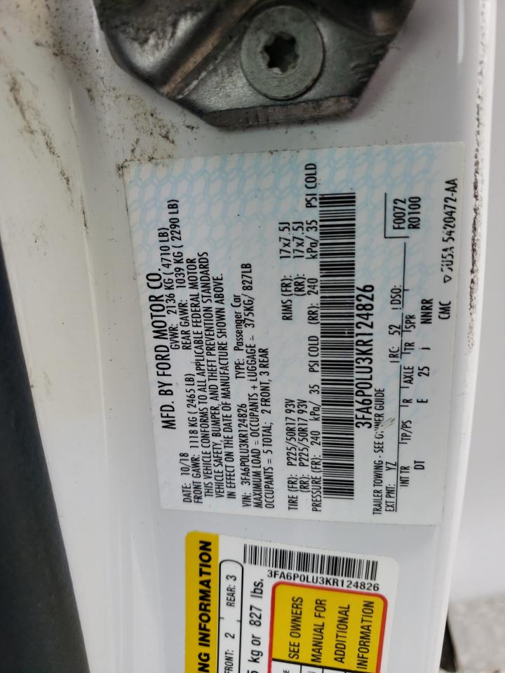 2019 Ford Fusion Se VIN: 3FA6P0LU3KR124826 Lot: 54141185