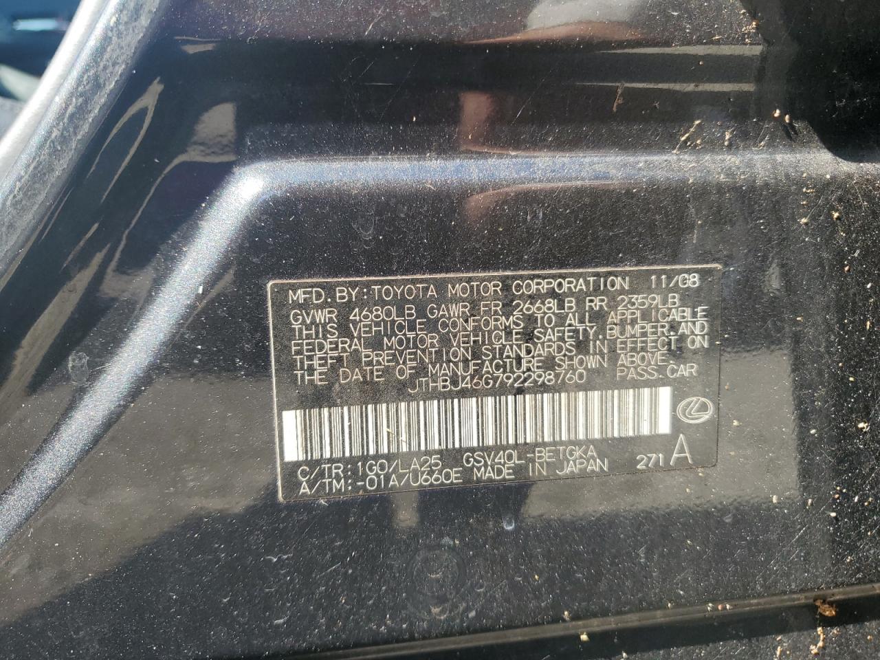 2009 Lexus Es 350 VIN: JTHBJ46G792298760 Lot: 52707035