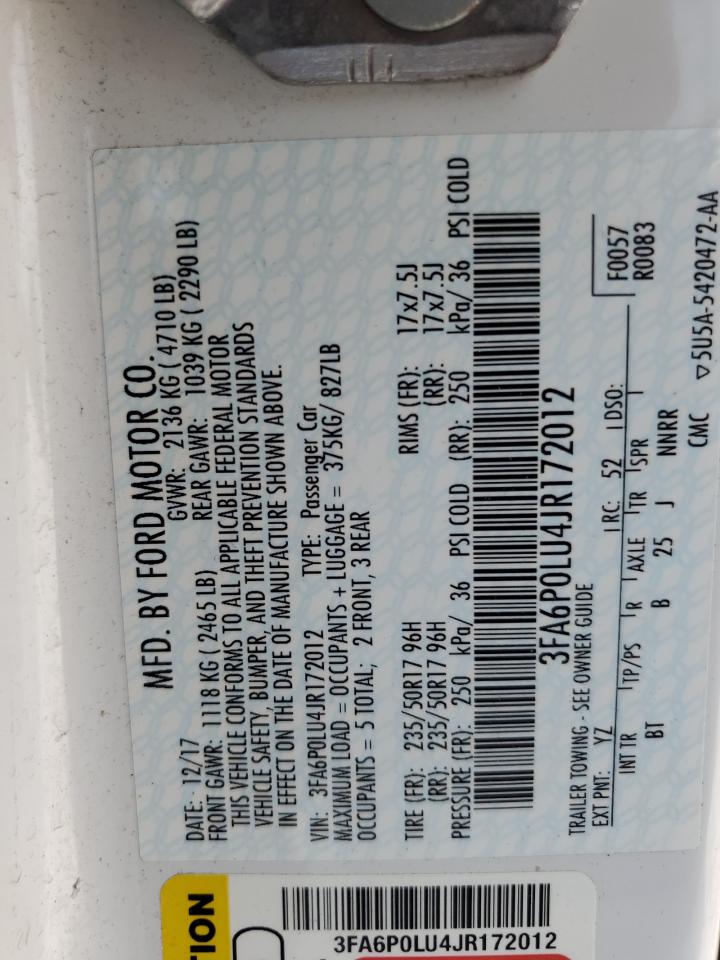 2018 Ford Fusion Se Hybrid VIN: 3FA6P0LU4JR172012 Lot: 54031115